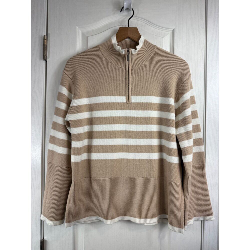 For The Republic Women's 1/4 Zip Tan White Stripe Pullover Sweater Size L Large